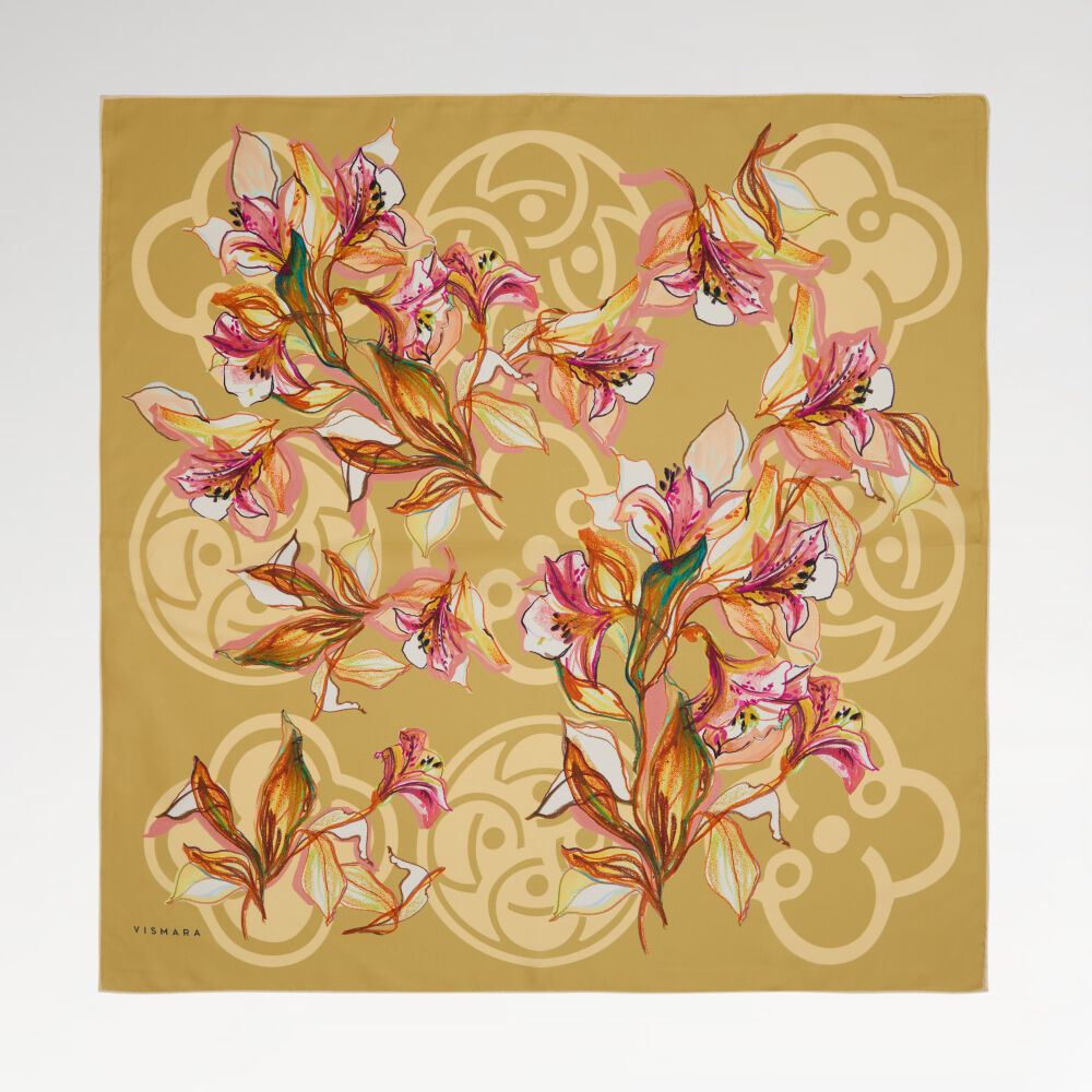Mustard Vismara Monogram Lily Flower Pattern Twill Silk Square Scarf - Vismara