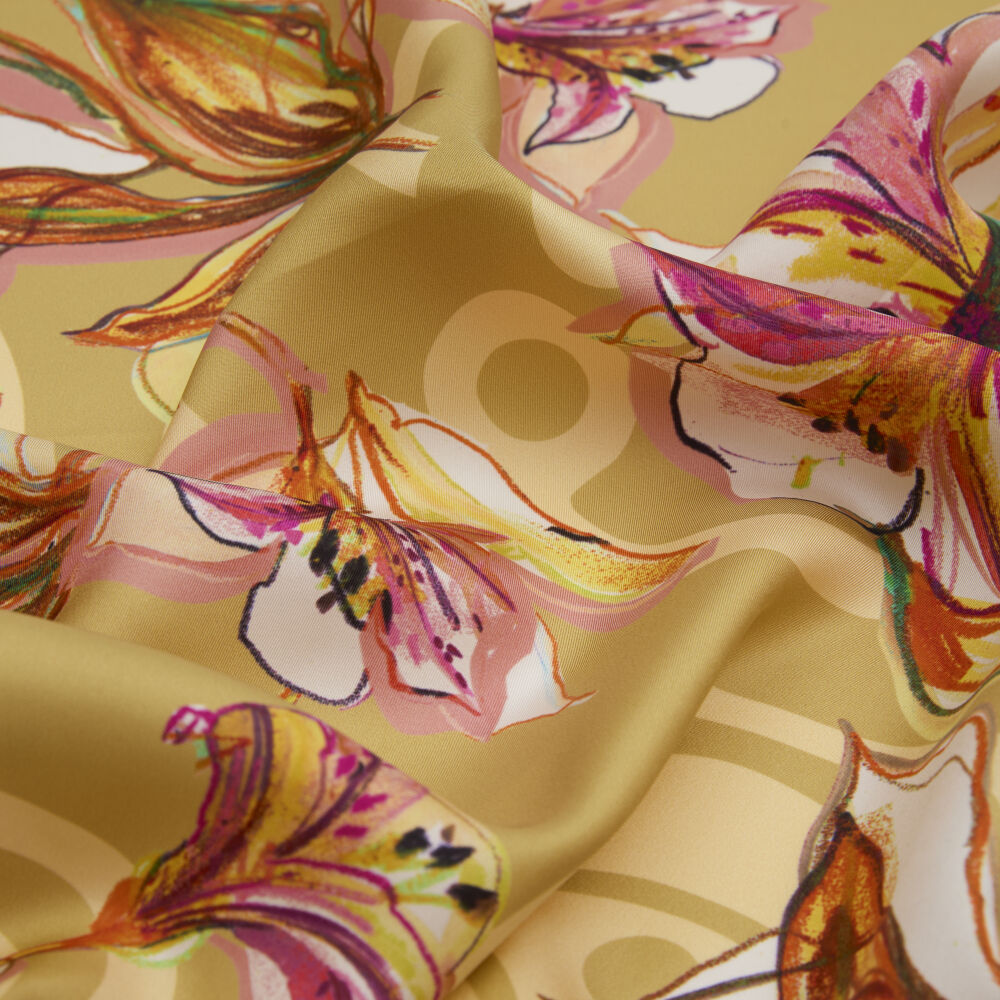 Mustard Vismara Monogram Lily Flower Pattern Twill Silk Square Scarf - Vismara