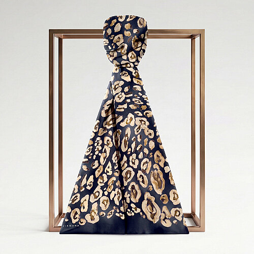 Navy Blue and Beige Classic Panther Pattern Silk Scarf - Vismara