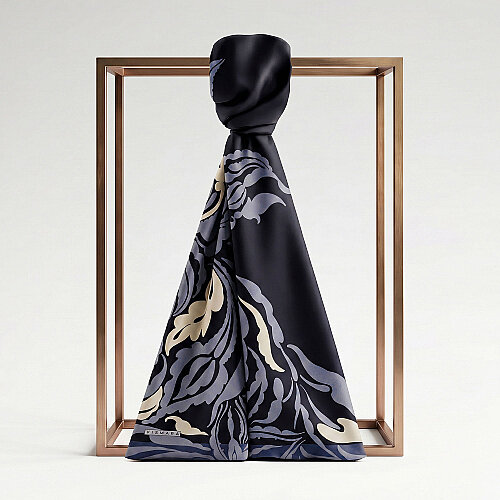 Navy Blue Baroque Floral Patterned Silk Scarf