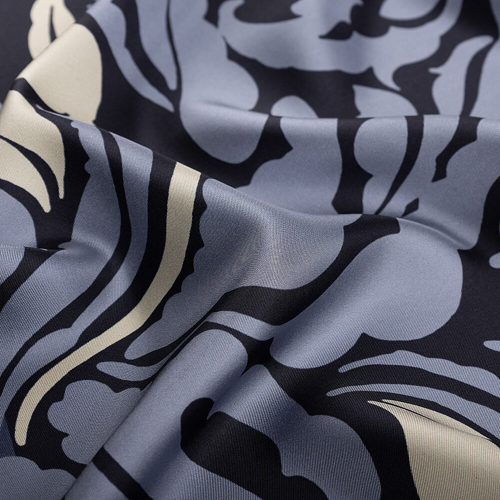 Navy Blue Baroque Floral Patterned Silk Scarf - 3