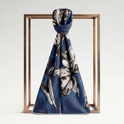 Navy Blue Charcoal Lily Patterned Silk Scarf