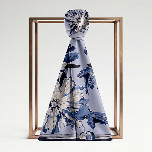 Navy Blue Chrysanthemum Breeze Patterned Silk Scarf