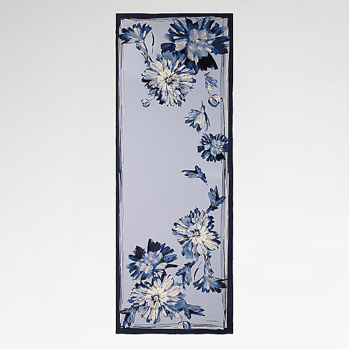 Navy Blue Chrysanthemum Breeze Patterned Silk Scarf - Vismara
