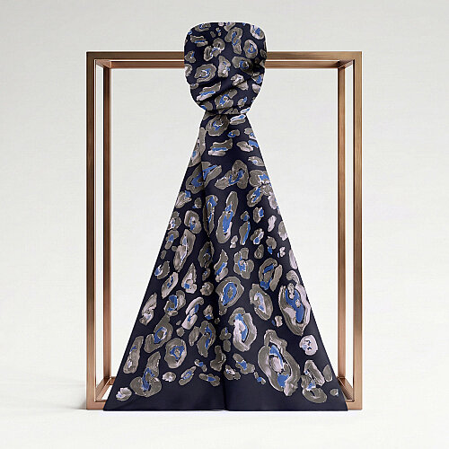 Navy Blue Classic Panther Pattern Silk Scarf - Vismara
