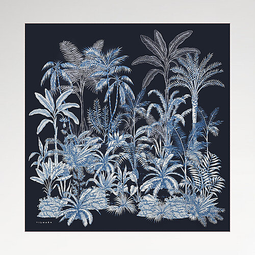Navy Blue Exotic Oasis Patterned Twill Silk Square Scarf