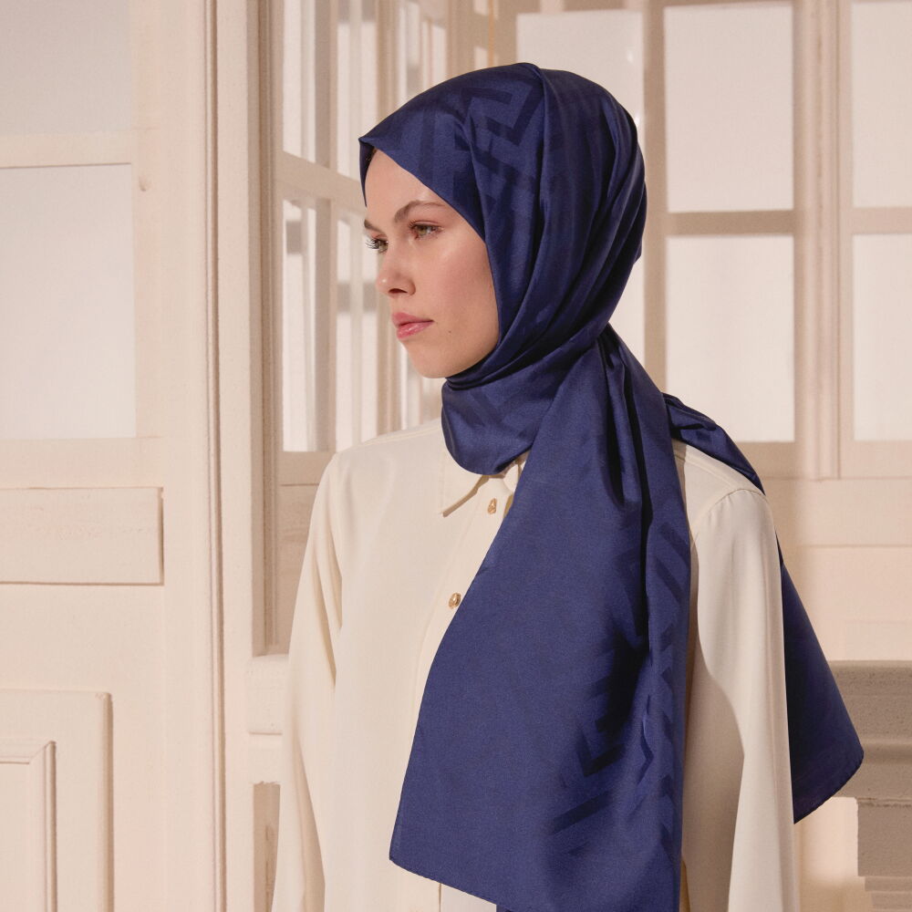 Navy Blue G Pattern Jacquard Wool Silk Scarf