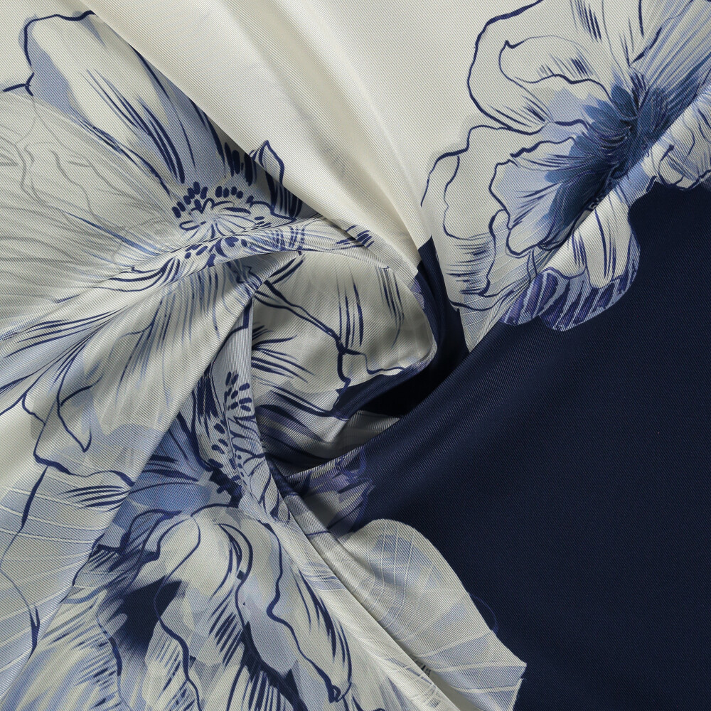 Navy Blue Linea Fiora Pattern Twill Silk Square Scarf - Vismara