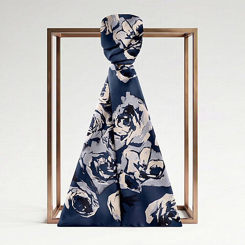 Navy Blue Oil Painting Rose Patterned Silk Scarf