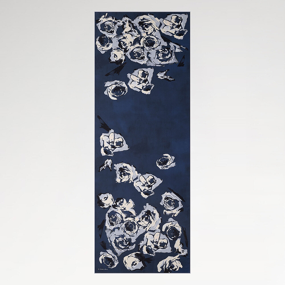 Navy Blue Oil Painting Rose Patterned Silk Scarf - 2
