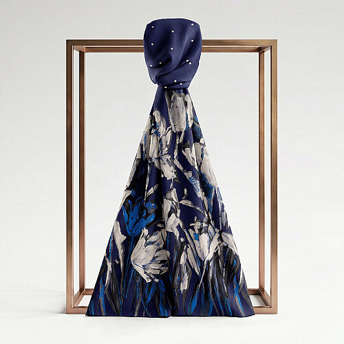 Navy Blue Polka Dot Tulip Garden Pattern Silk Scarf - Vismara