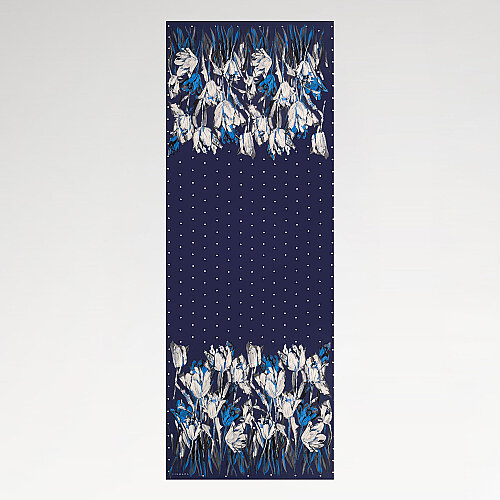 Navy Blue Polka Dot Tulip Garden Pattern Silk Scarf - Vismara