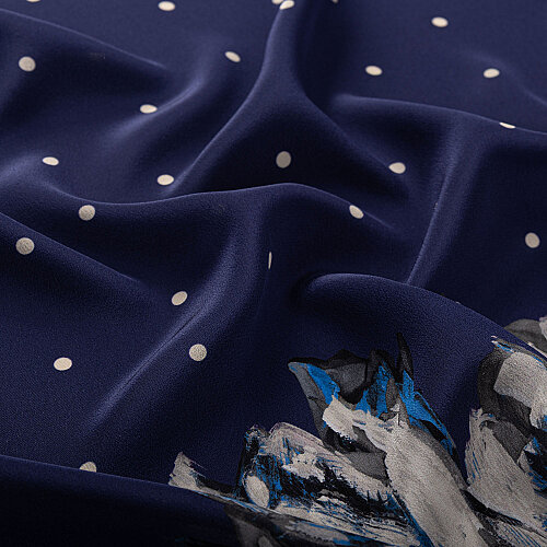 Navy Blue Polka Dot Tulip Garden Pattern Silk Scarf - Vismara