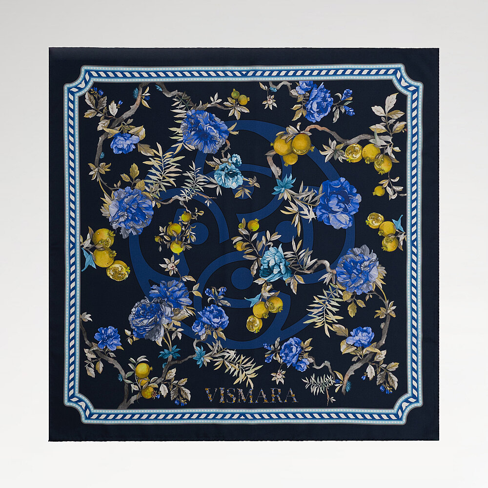 Navy Blue Vismara Melagrana Patterned Silk Square Scarf - 1