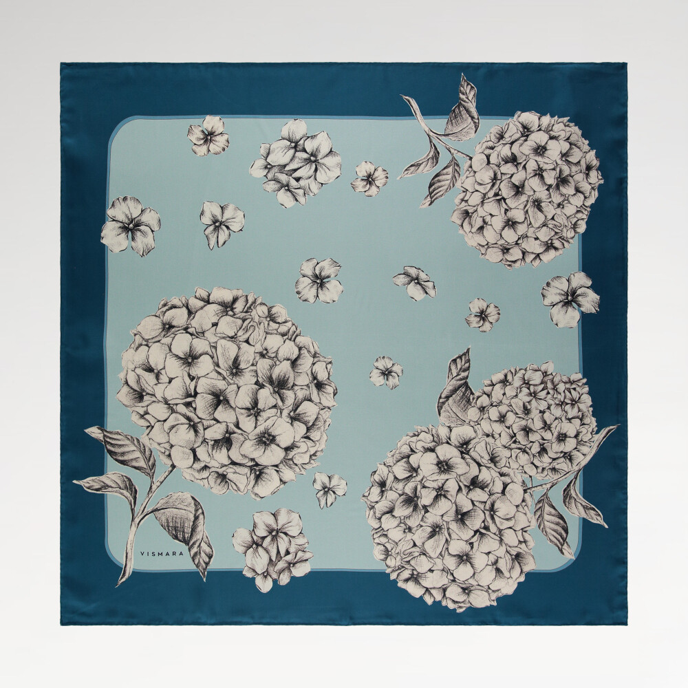 Twill Silk Square Scarf with Petrol Hydrangea Flower Pattern