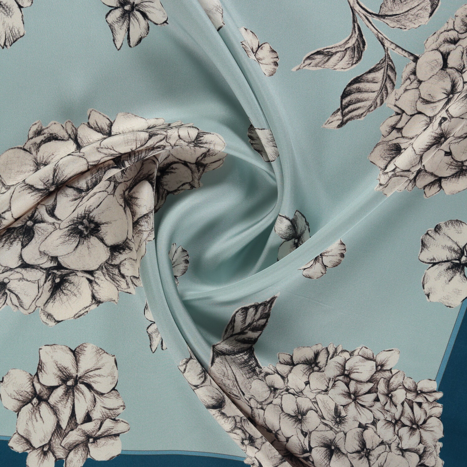 Twill Silk Square Scarf with Petrol Hydrangea Flower Pattern - 2