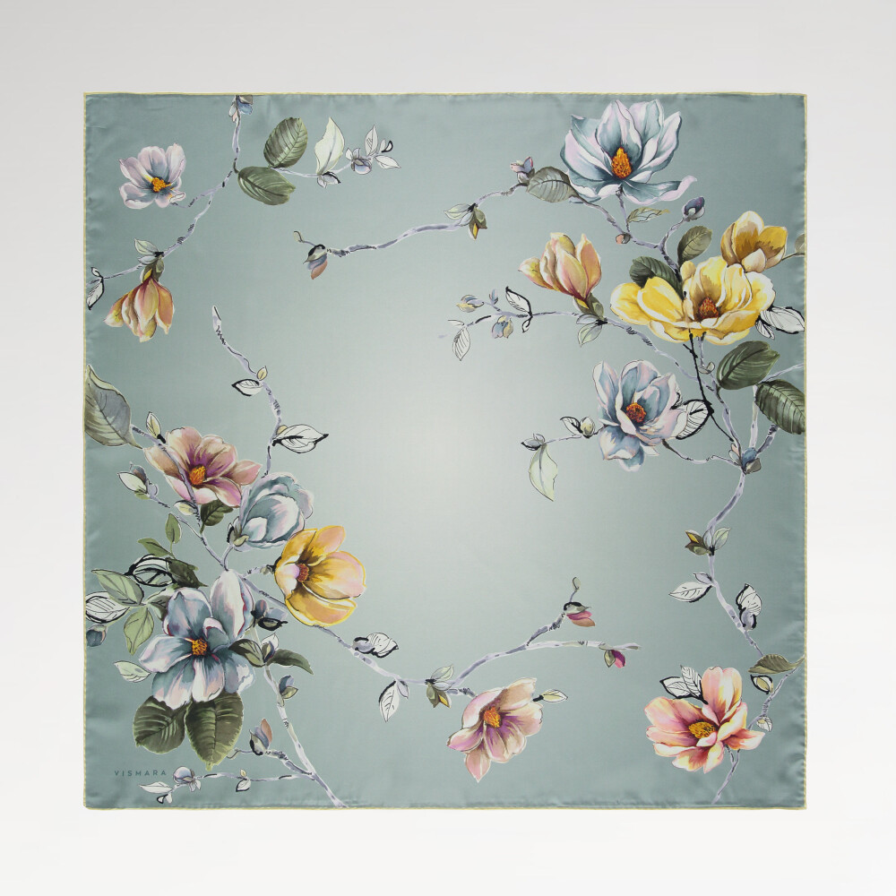 Twill Silk Square Scarf with Petrol Magnolia Flower Pattern