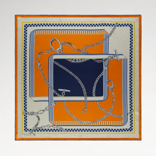 Orange and Navy Blue Chain Dance Patterned Silk Square Scarf