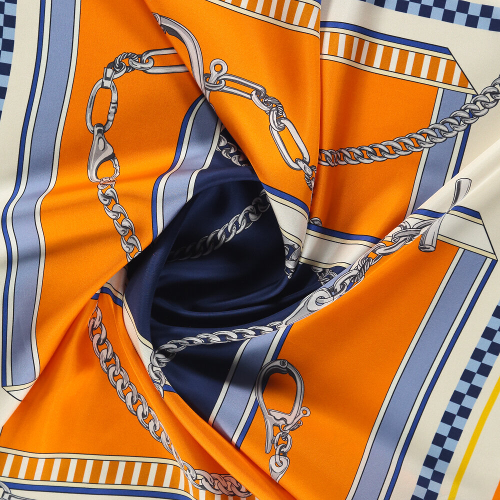 Orange and Navy Blue Chain Dance Patterned Silk Square Scarf - 2