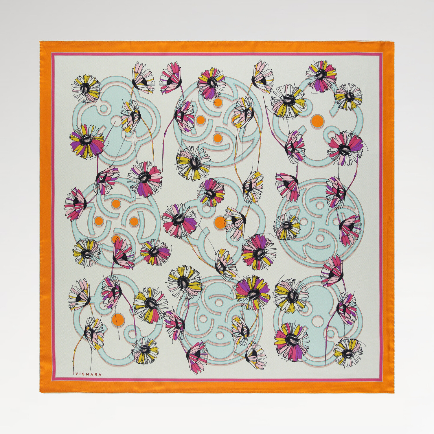 Orange Daisyne Pattern Twill Silk Square Scarf - 1