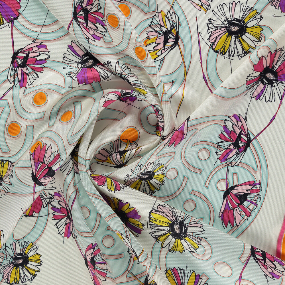 Orange Daisyne Pattern Twill Silk Square Scarf - Vismara