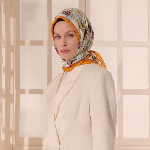 Orange Daisyne Pattern Twill Silk Square Scarf - Vismara
