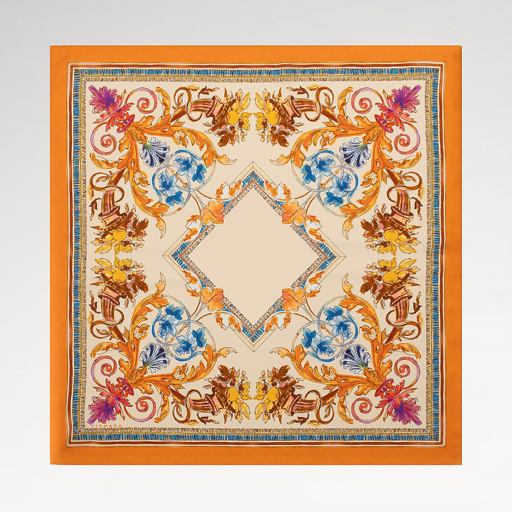 Orange Fiorenza Patterned Silk Square Scarf - 1