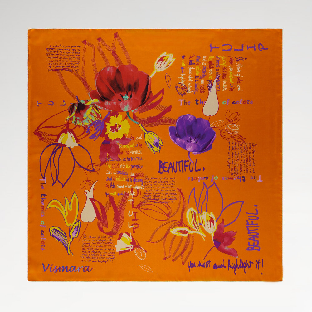 Orange Handwritten Silk Square Scarf with Flower Harmony Pattern - 1
