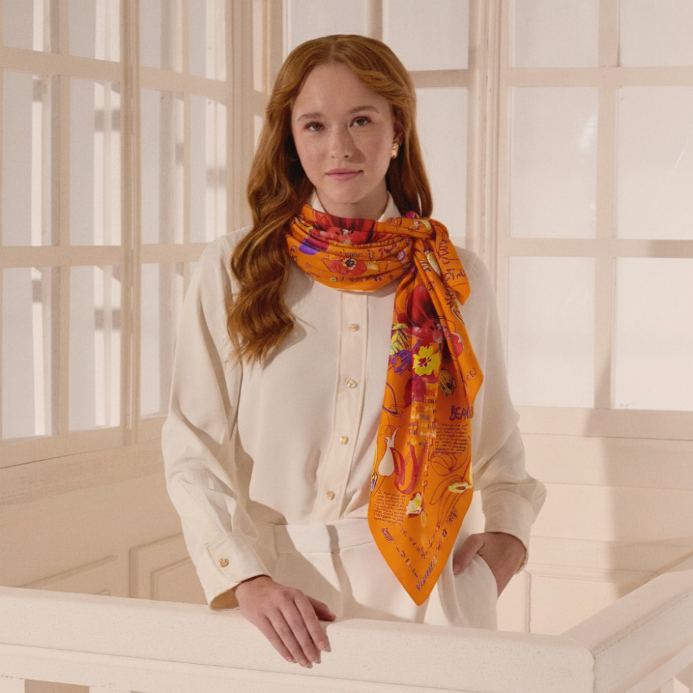 Orange Handwritten Silk Square Scarf with Flower Harmony Pattern - 3