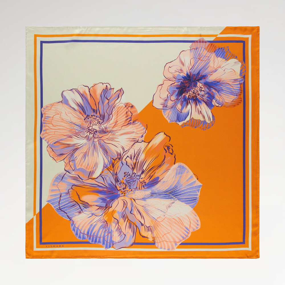 Orange Linea Fiora Pattern Twill Silk Square Scarf - Vismara