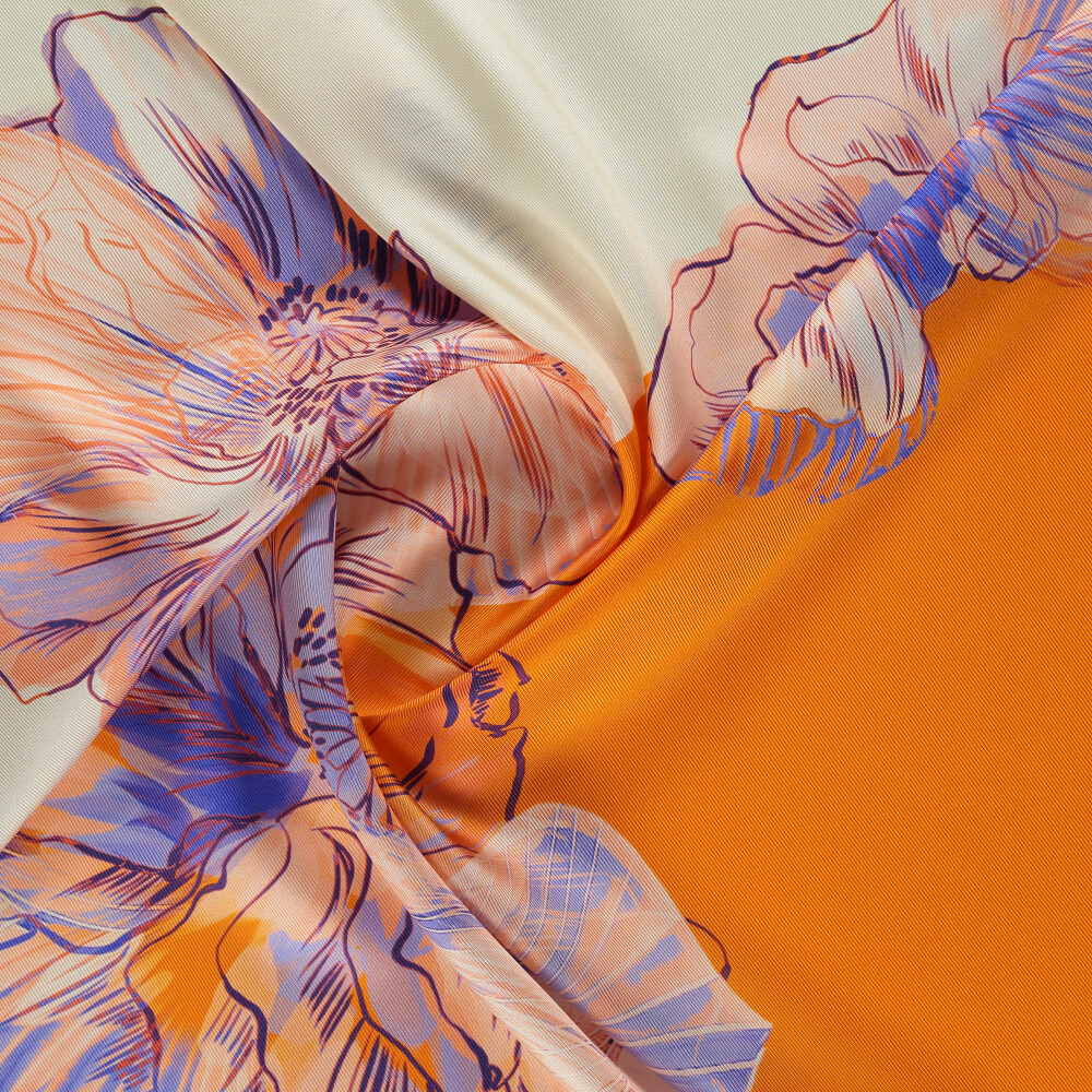 Orange Linea Fiora Pattern Twill Silk Square Scarf - Vismara