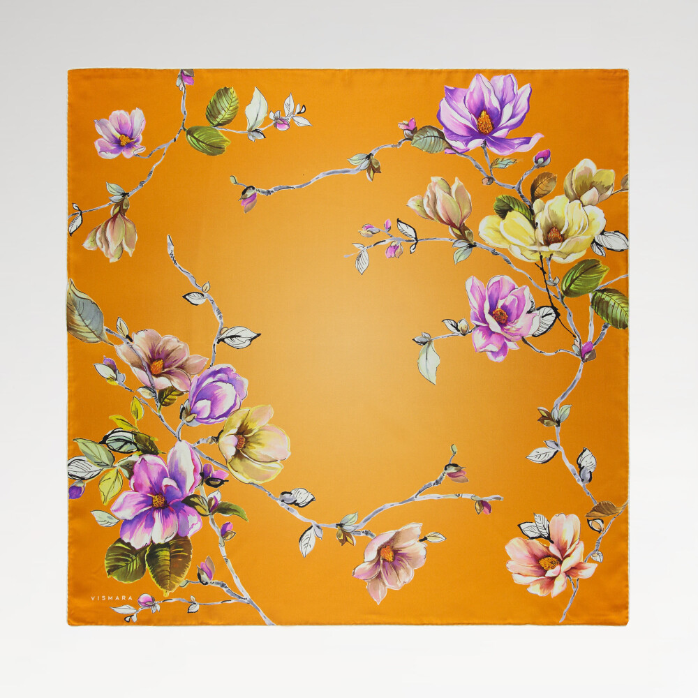 Orange Magnolia Flower Patterned Twill Silk Square Scarf - Vismara