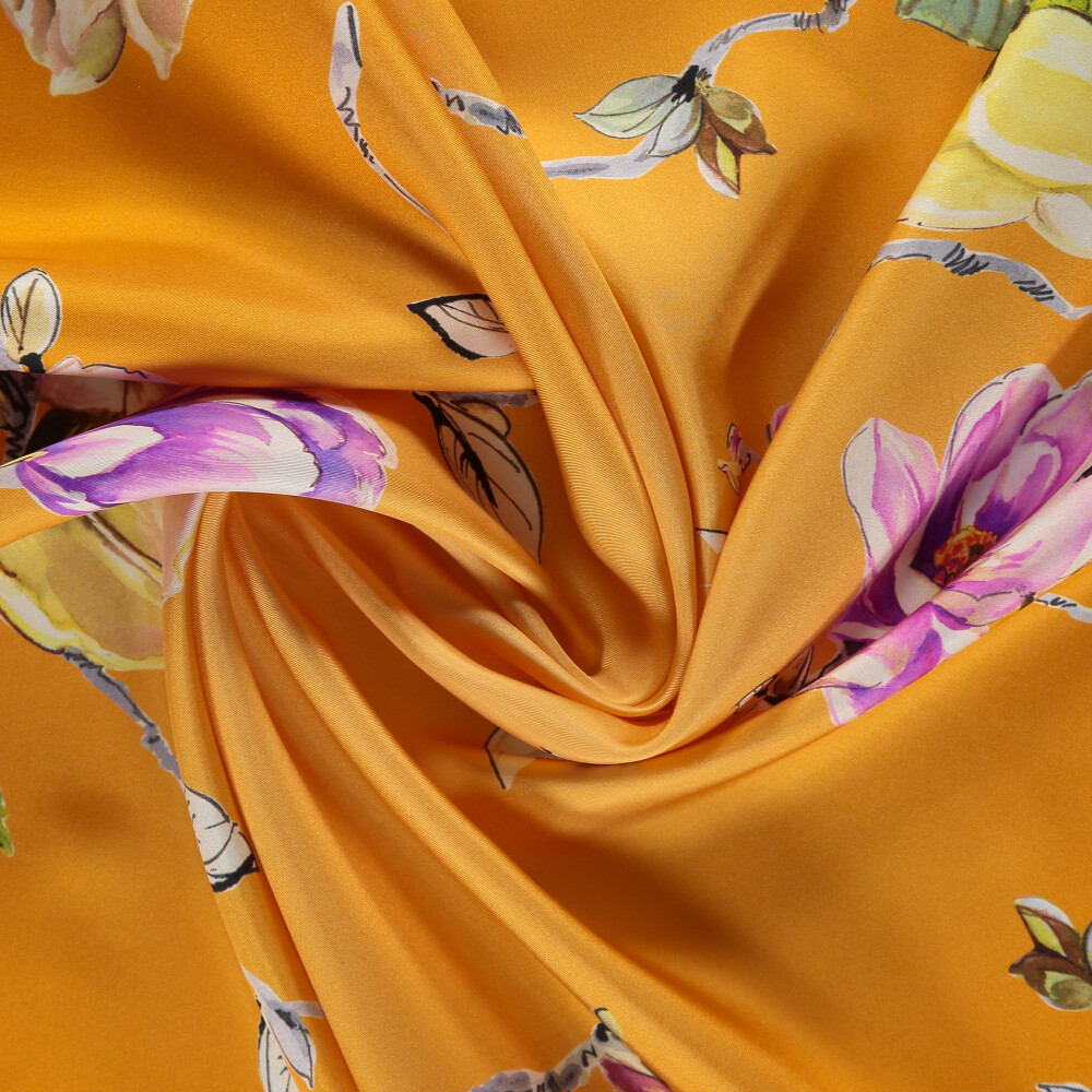Orange Magnolia Flower Patterned Twill Silk Square Scarf - Vismara