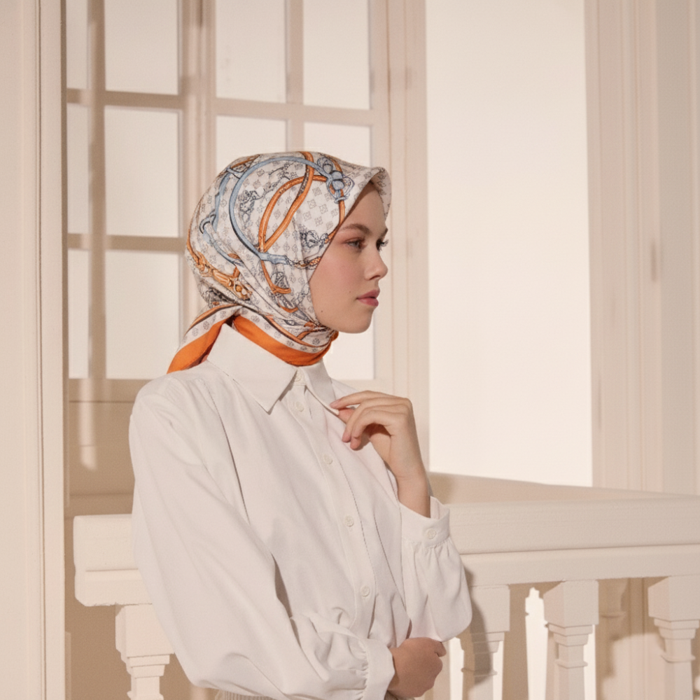 Orange Vismara Harness Patterned Twill Silk Square Scarf - 3