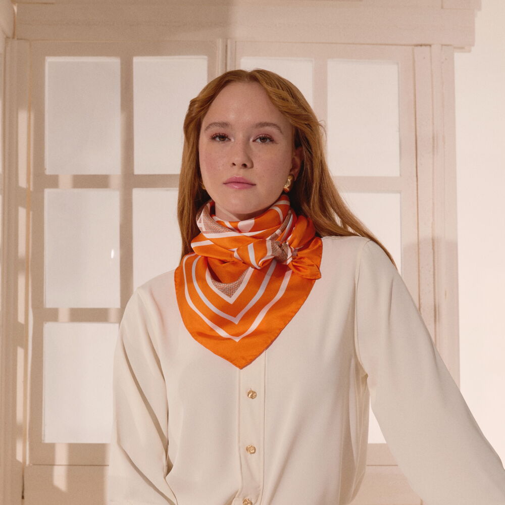 Orange Vismara Swan Pattern Twill Silk Square Scarf - Vismara