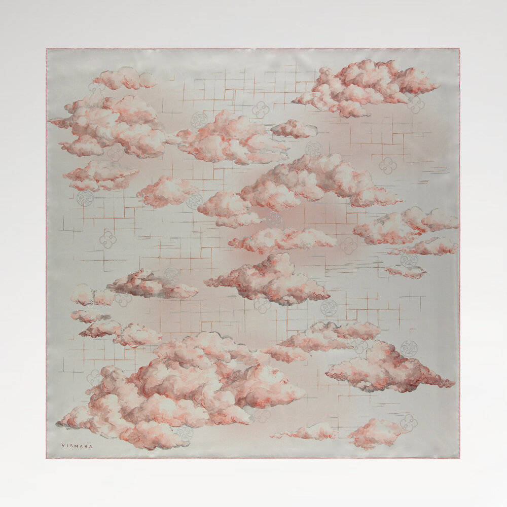 Pembe Bulutların Dansı Desenli Twill İpek Eşarp - 1
