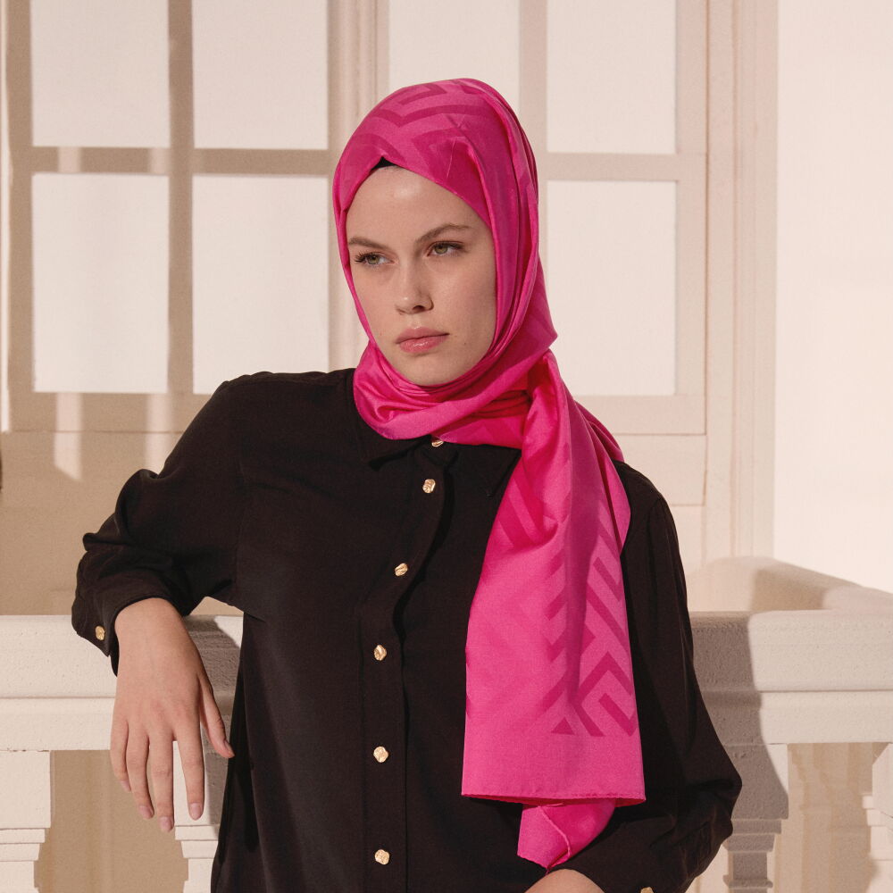 Pembe G Desen Jakarlı Yün İpek Şal - Vismara