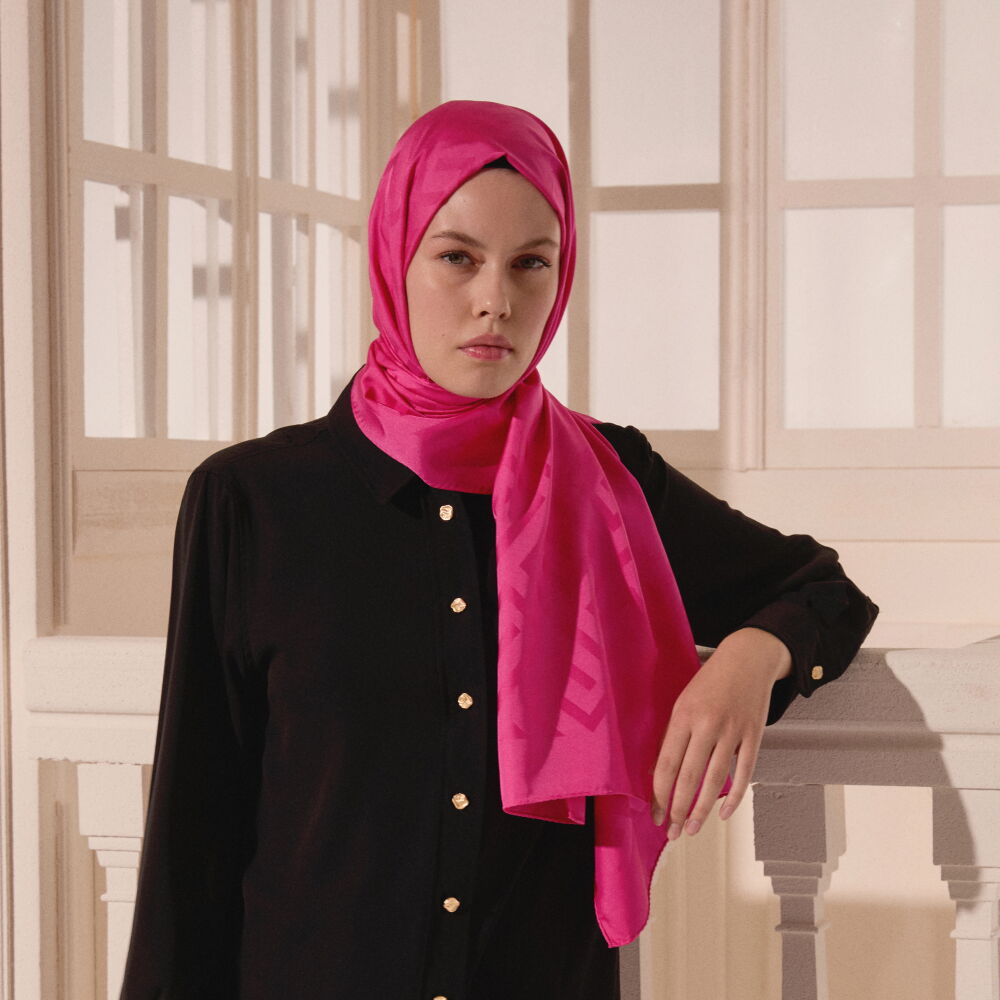 Pembe G Desen Jakarlı Yün İpek Şal - Vismara
