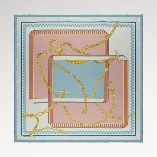 Pembe Mavi Zincirlerin Dansı Desenli Twill İpek Eşarp