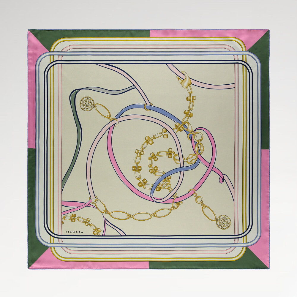 Pembe Monogram ve Zincir Desenli Twill İpek Eşarp - 1