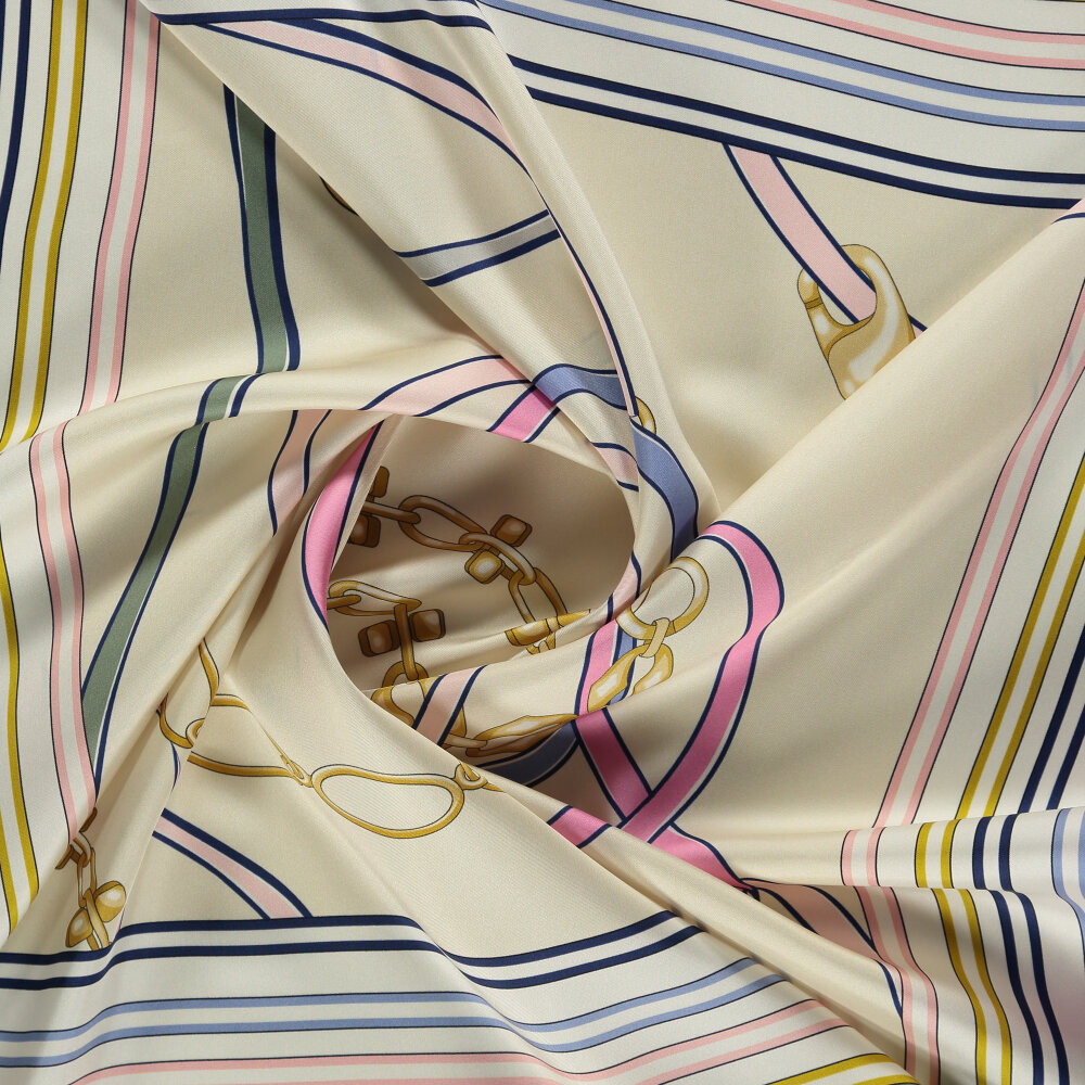 Pembe Monogram ve Zincir Desenli Twill İpek Eşarp - 2