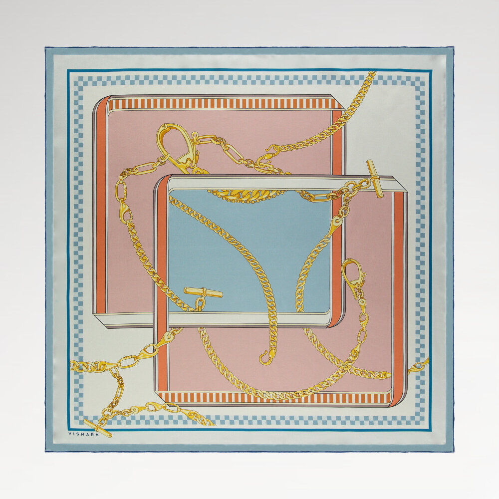 Pink and Blue Chain Dance Patterned Silk Square Scarf - 1