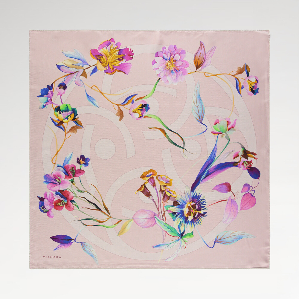 Pink Flora Symbol Pattern Twill Silk Square Scarf