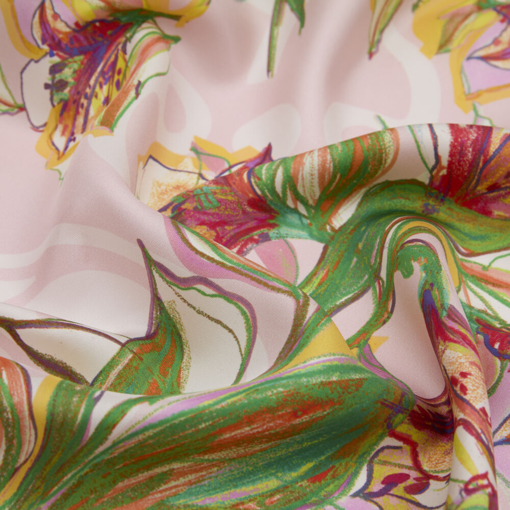 Pink Vismara Monogram Lily Flower Patterned Twill Silk Square Scarf - Vismara