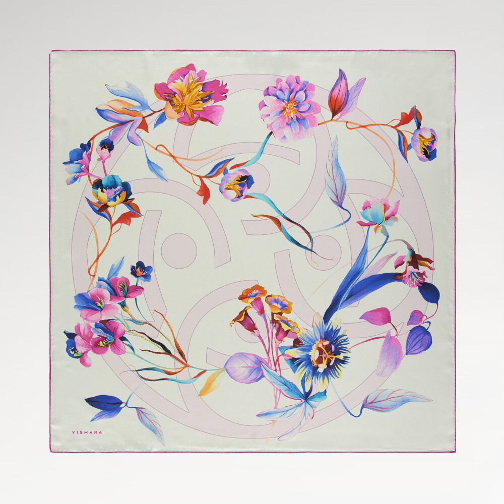 Pink White Flora Symbol Pattern Twill Silk Square Scarf
