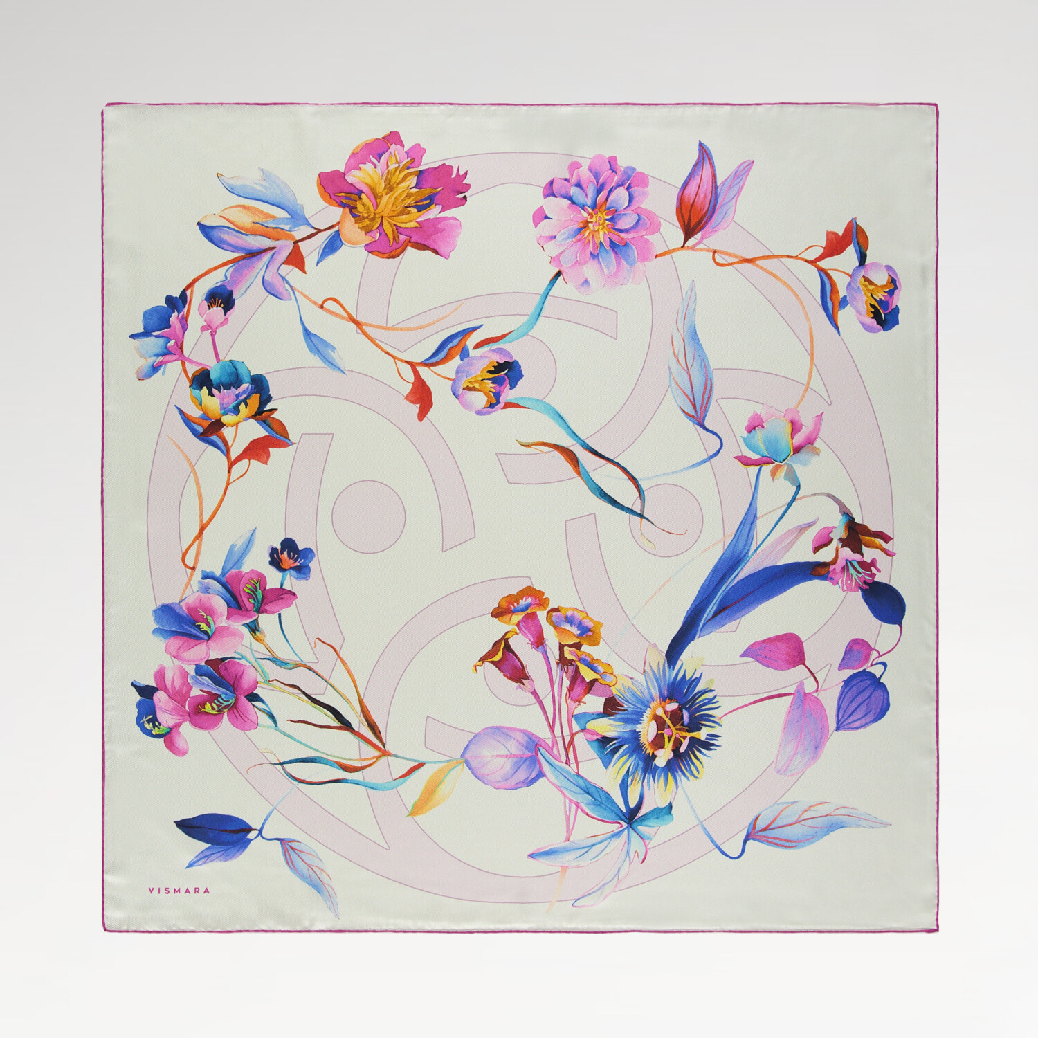 Pink White Flora Symbol Pattern Twill Silk Square Scarf - 1