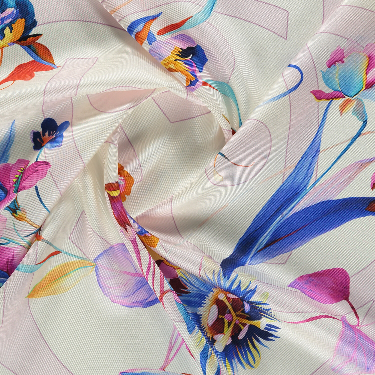 Pink White Flora Symbol Pattern Twill Silk Square Scarf - 2