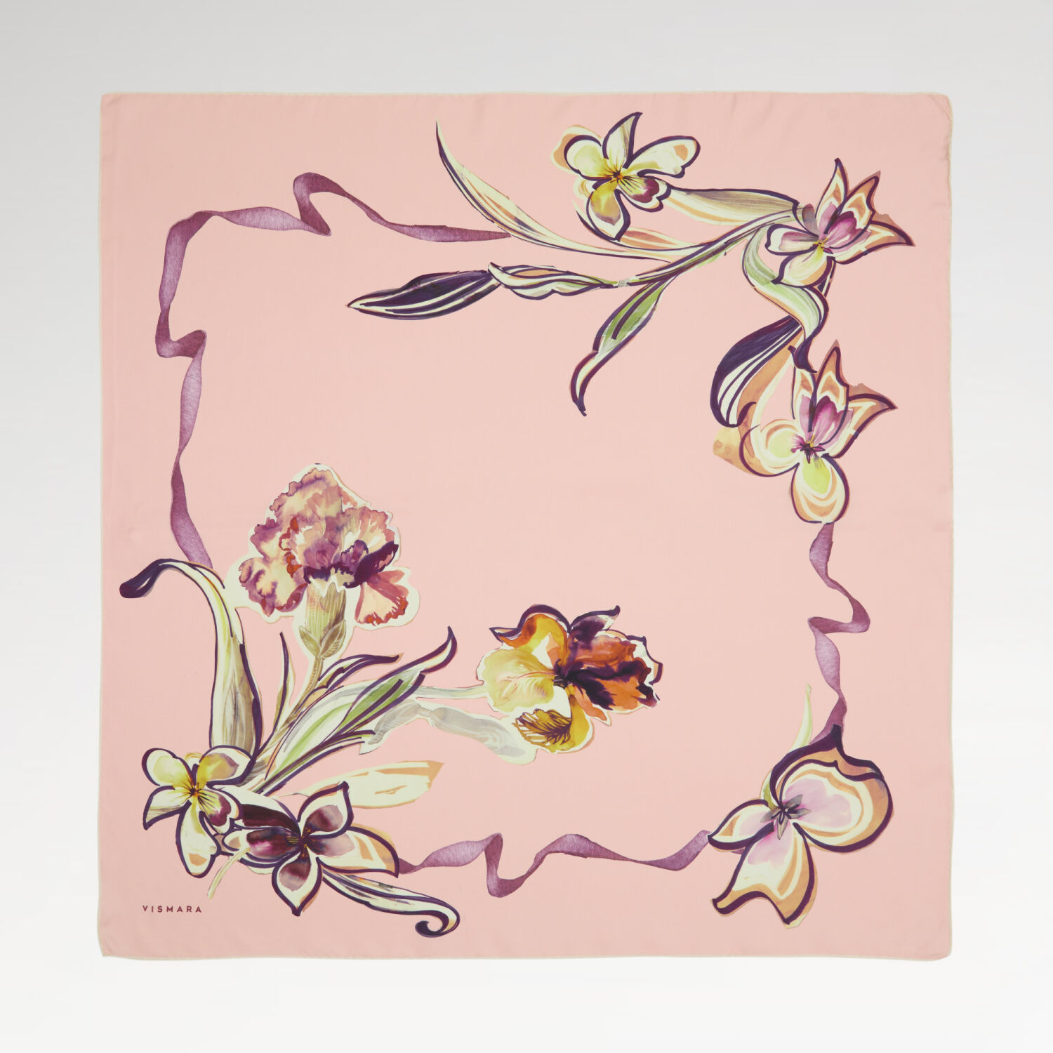 Powder Carnation and Lily Flower Patterned Twill Silk Square Scarf - 1