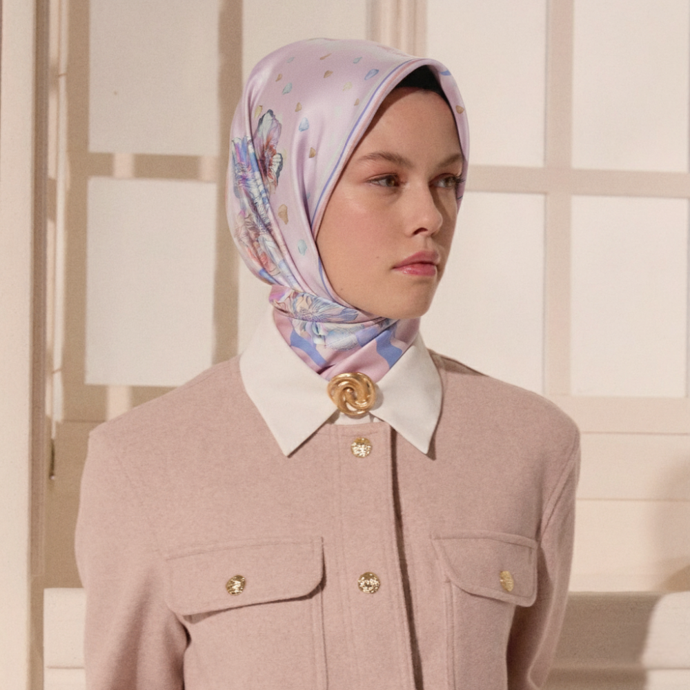 Powder Foglia Lieve Pattern Twill Silk Square Scarf - 3