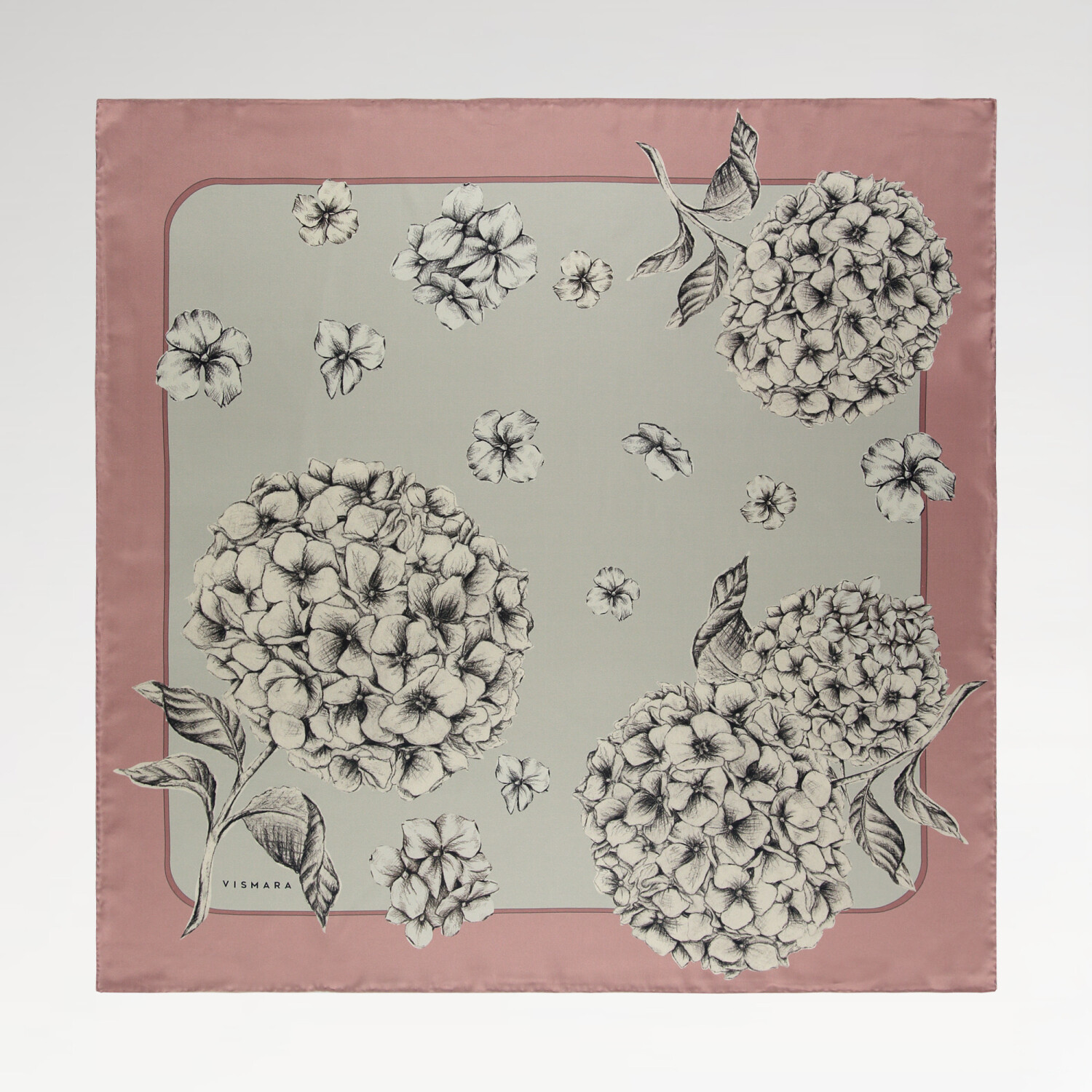 Powder Hydrangea Flower Patterned Twill Silk Square Scarf - 1